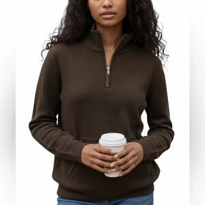 New BELFORD 1/4 Zip Sweater Pullover Kangaroo Pocket Brown Cotton Mock Neck M